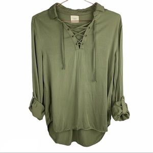 Harper Lace-Up V-Neck Roll‎ Tab SleeveTop